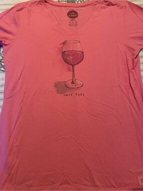 Life Is Good Women’s Pink V-Neck Tee with Wine Glass Graphic